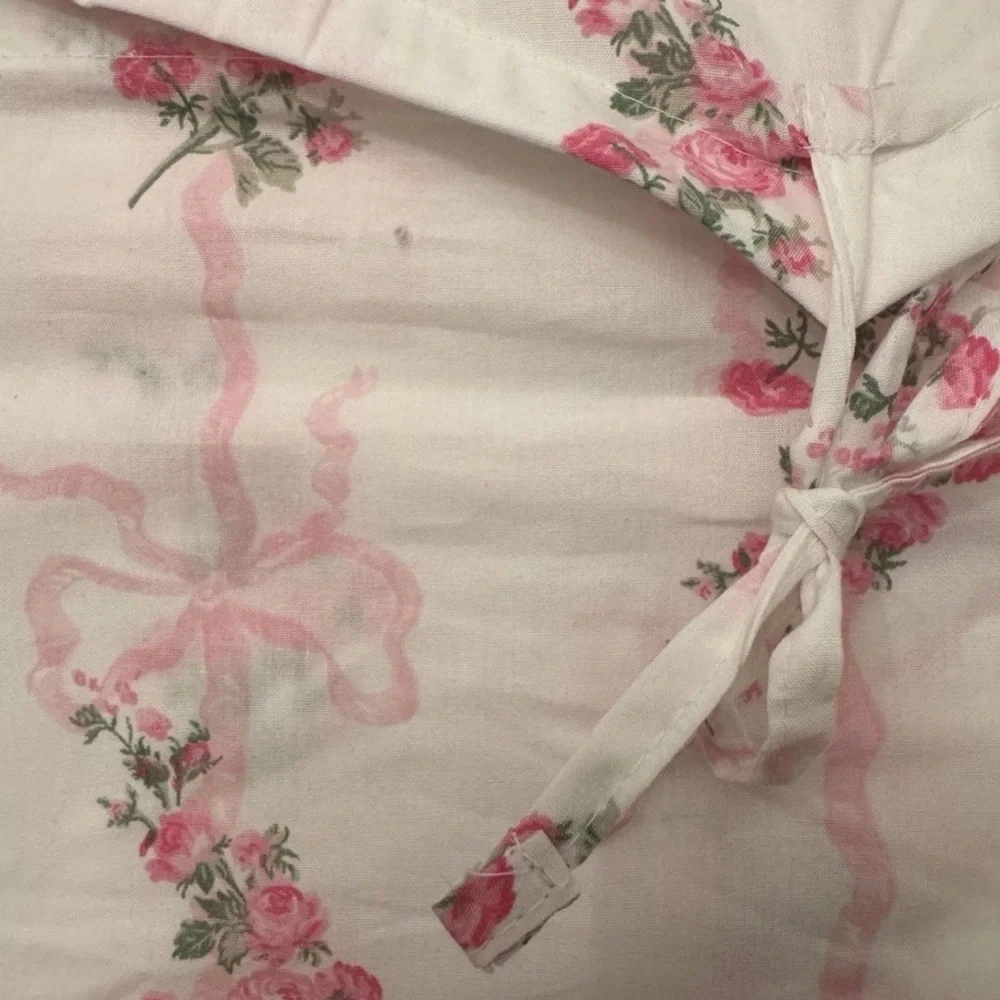 Laura Ashley Queen Pink Floral Ribbon Stripe Cotton 4Pc Sheet Set NEW